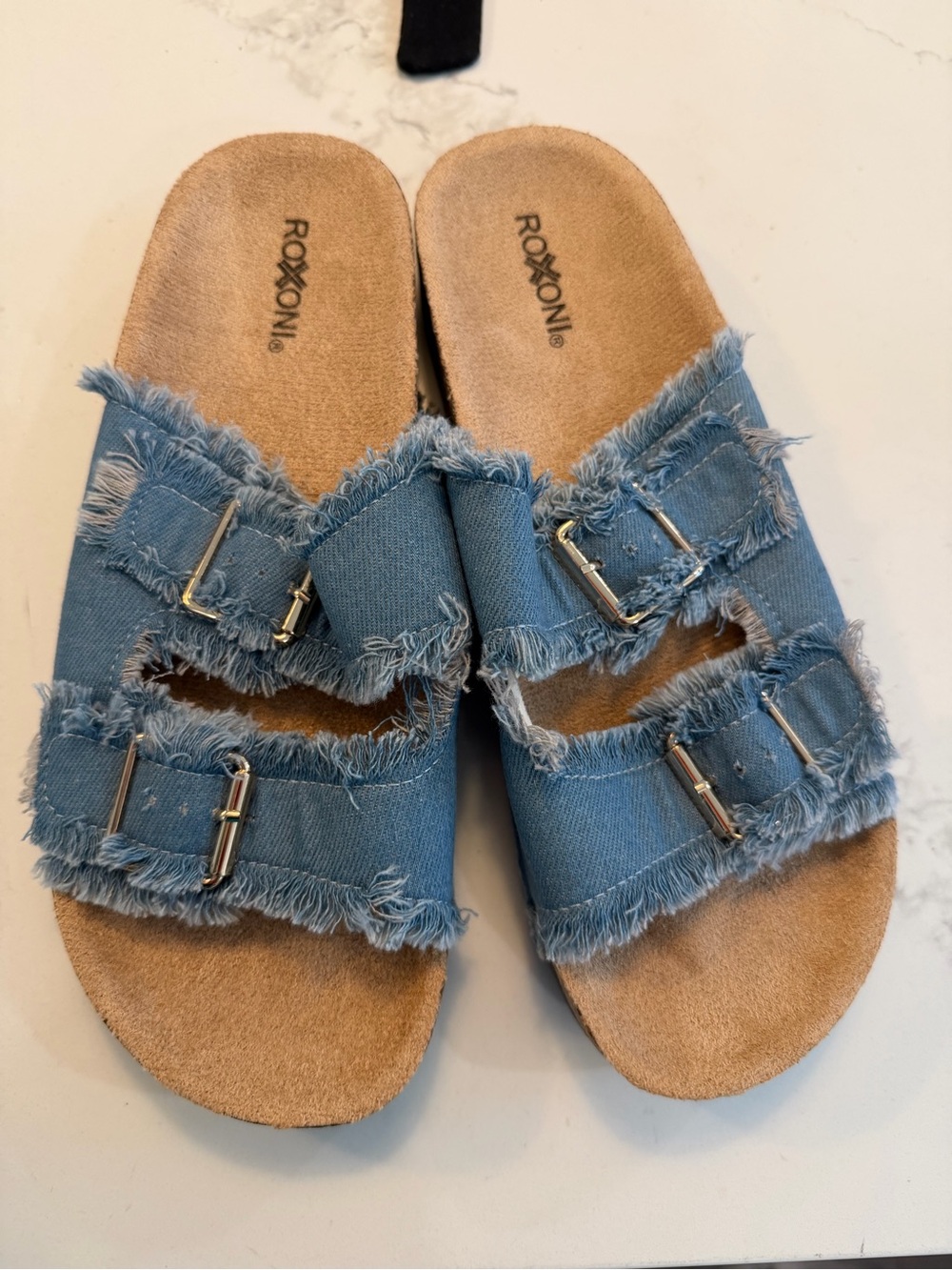 Oxo Light Denim Double-Buckle Frayed Slide Sandals- never worn